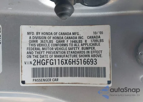 2006 Honda Civic Lx z USA, uszkodzony, nr VIN 2HGFG116X6H516693